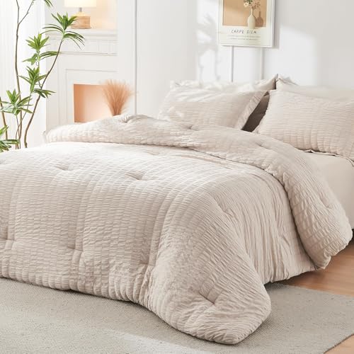 HYMOKEGE Beige King Size Comforter Set Seersucker 7 Pieces, All Season Luxury Bed in a Bag for Bedroom, Bedding Set with Comforters, Sheets, Pillowcases & Shams HYMOKEGE