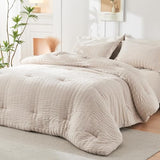 HYMOKEGE Beige King Size Comforter Set Seersucker 7 Pieces, All Season Luxury Bed in a Bag for Bedroom, Bedding Set with Comforters, Sheets, Pillowcases & Shams HYMOKEGE