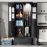 YITAHOME 71" Metal Garage Broom Cabinets with Adjustable Shelves, Vacuum Storage Cabinet with Doors and Drawer, Tool Storage Cabinet for Gym, Basement, Warehouse, Black, Metal YITAHOME