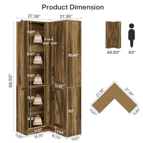 Tribesigns Corner Pantry Cabinet, 67" Tall Kitchen Pantry with Doors and 5-Tier Storage Shelves, Farmhouse Wooden Corner Bar Cabinet for Home, Living Room, Bar, Kitchen, Rustic Brown Tribesigns