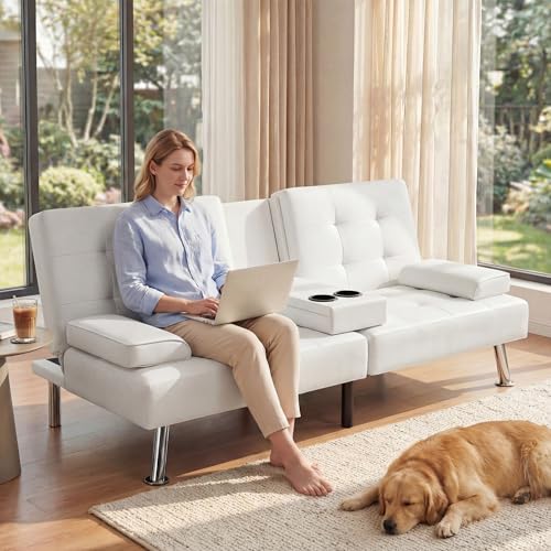 YESHOMY Modern Futon Sofa Bed, Convertible Futon Couch with Adjustable Backrest, Futon Loveseat Sleeper Sofa Bed with Armrest for Living Room, Small Spaces,PU Leather, White YESHOMY