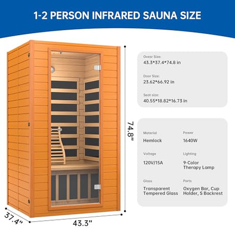 RESTISLAND Infrared Sauna Room for Home, Near Zero EMF Indoor Home Sauna for up to 2 Person with Infrared Red Light Therapy, Bluetooth Speakers, Canadian Hemlock Wood RESTISLAND