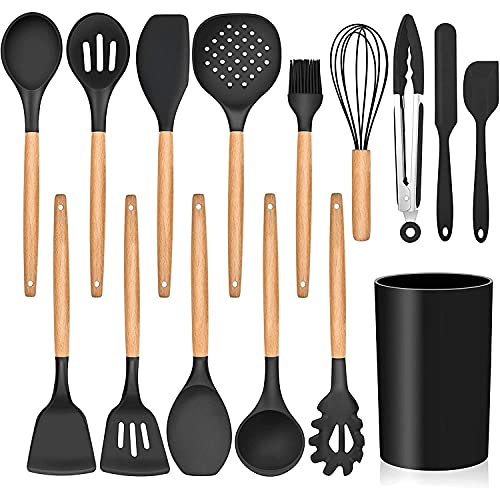 LIANYU 15-Piece Kitchen Silicone Cooking Utensils Set with Holder, Wooden Handle Kitchen Tools Include Spatula Tong Slotted Spoon Turner Whisk Brush, Black - WoodArtSupply