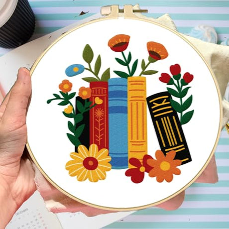 BEUNITONE Flower Embroidery Kit for Beginners 4 Pack Embroidery Starter Kit for Adult Cat Plant Books Pattern Stamped Cross Stitch Set with Instructions Embroidery Hoops Easy for DIY Craft 7.9'' BEUNITONE