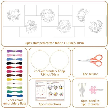 BEUNITONE Hummingbird Embroidery Kit for Adults, 6PC Floral Bird Cross Stitch Set with Colorful Threads, Nature Inspired DIY Artwork, Home Decor Gift for Her BEUNITONE