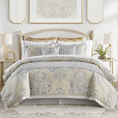 CROSCILL King Comforter Set, Luxe Chenille Jacquard Floral Medallion, Microfiber Twill Comforter for a King-Size Bed, Oversized Comforter King Bedding, 2 Shams & Bedskirt, Loretta, Beige 4 Piece Croscill