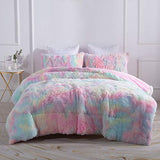 Wajade Faux Fur Plush Rainbow Comforter Set Fluffy Fuzzy Shaggy Bedding Set - 3PC Full Size Microfiber Soft Warm Quilt Set Wajade