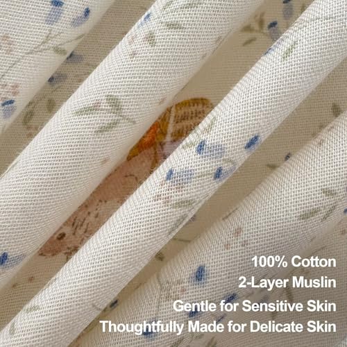 AMZTOP Blue Beige Floral Rabbit Duvet Cover Queen Size with 2 Pillowcases,100 Cotton Muslin Gauze Bed Set for Baby Kids,Lightweight Breathable Lace Ruffle Duvet Covers Teen Girls Queen 90"×90" AMZTOP