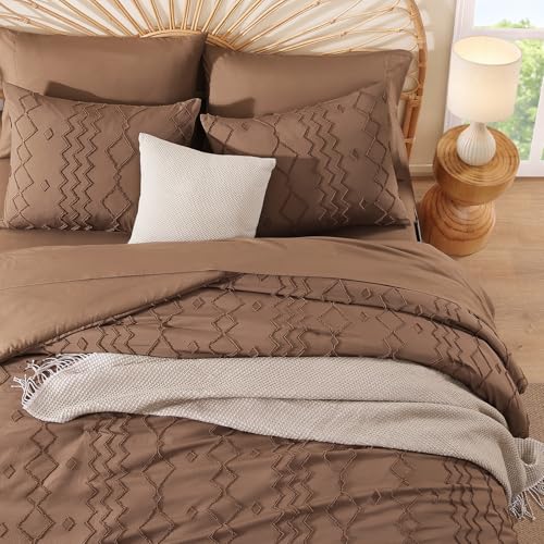 AMBERSPACE King Size Comforter Set Brown, Tufted Geometric Boho Bedding Farmhouse Bed Set, All Season 7 Pieces Bed in a Bag with Sheets, Pillowcases & Shams AMBERSPACE