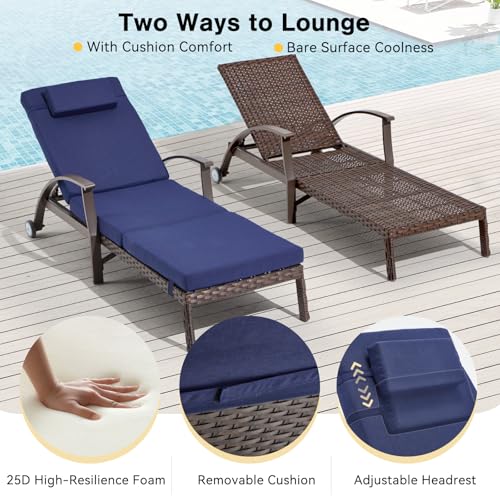 Mvpipi Outdoor Chaise Lounge Chairs Set of 2 with Wheels & Adjustable Backrest, Pool Lounge Chairs Set of 2 with Cushions, Wicker Poolside Lounge Chairs for Patio Deck Backyard, Blue