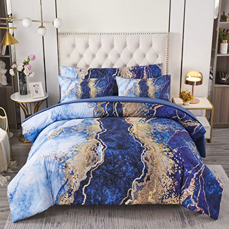 PERFEMET 6 Pcs Bed-in-A-Bag Queen Size Blue Watercolor Marble Printed Comforter Set with Matched Bed Sheets, Colorful Retro Artwork Style Bedroom Collections, Soft Lightweight Quilt Set(Blue,Queen) PERFEMET