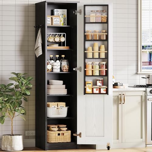 IRONCK Small Kitchen Pantry Cabinet 72" for Narrow Space, with Single Door and Adjustable Shelves, Freestanding Tall Storage Cabinet for Living Room, Bathroom, Black and White IRONCK