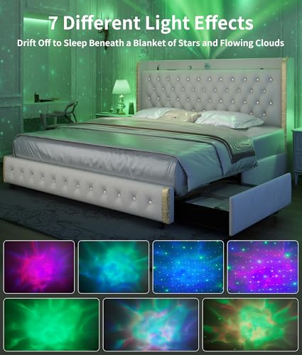 GEGOFORU Full Wingback Modern Platform Bed with Galaxy Projector, 4 Dust-Proof Storage Drawers, LED Bed Frame, USB Ports, No Box Spring Needed & Noise-Reduction Sturdy Wood Slats, Velvet Cream GEGOFORU