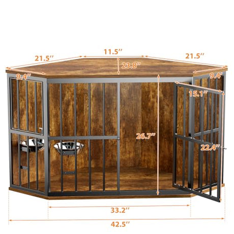 APRILSOUL 42 inch Furniture Dog Crate Corner, Dog Kennel Corner Wooden End Table with Bowl, Indoor Pet Crates Corner Side Table for Dogs, Wide Top Perfect for Limited Room APRILSOUL