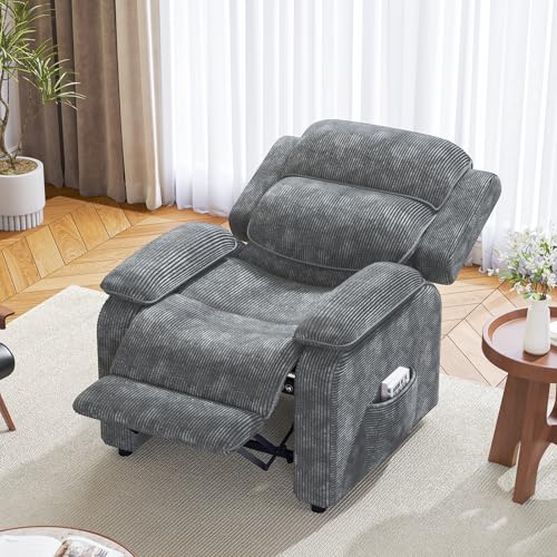 EROMMY Electric Recliner Chair, Oversized Power Recliner with USB Charging Port & Side Pockets, Heavy Duty Corduroy Reclining Sofa Chair, Wide Seat Living Room Chair for Adults, Dark Grey