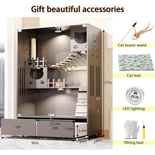 Wooden Cat House Large Space Cat Cage, Indoor/Outdoor Cat Enclosure with Wheels, Multi-Feature Enclosed Cat Condo with 2 Drawers for Indoor Cats Ventilation Glass Doors,57" X 36" X 24" HUATOL