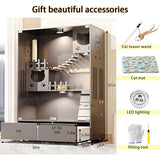 Wooden Cat House Large Space Cat Cage, Indoor/Outdoor Cat Enclosure with Wheels, Multi-Feature Enclosed Cat Condo with 2 Drawers for Indoor Cats Ventilation Glass Doors,57" X 36" X 24" HUATOL