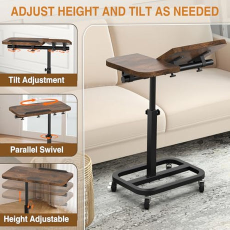alentar Large-Size Portable Laptop Rolling Desk with Wheels, Adjustable Height and Tilt Top Stable Mobile Over-Bed Table for Home Use - Brown alentar