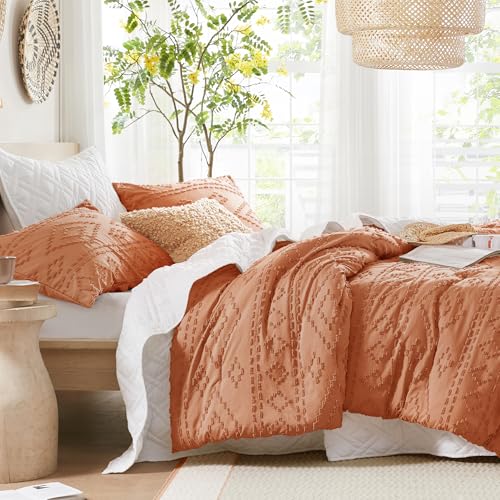 Comfort Spaces Comforter for Queen Size Bed, Geometric Diamond Tufted Boho Comforter Set Queen, All Season Lightweight Bedding Set, Matching Sham, Full/Queen Terracotta 3 Piece Comfort Spaces