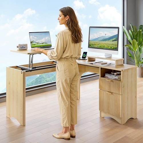 Bestier L Shaped Desk with Lift Desktop, 55 inch Corner Desk with Fluted Panel Deisgn Drawers, Modern Office Desk with File Drawer (Natual Oak, 55'' x 55'' Lift Top) Bestier