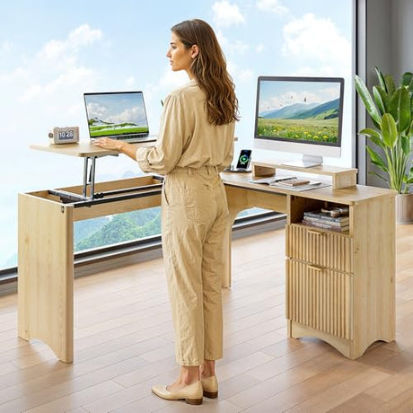 Bestier L Shaped Desk with Lift Desktop, 55 inch Corner Desk with Fluted Panel Deisgn Drawers, Modern Office Desk with File Drawer (Natual Oak, 55'' x 55'' Lift Top) Bestier