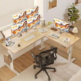 TIQLAB L Shaped Standing Desk Adjustable Height, Electric Corner Standing Desk, 63 x 55 inch Sit Stand Computer Table with Splice Board, Maple TIQLAB