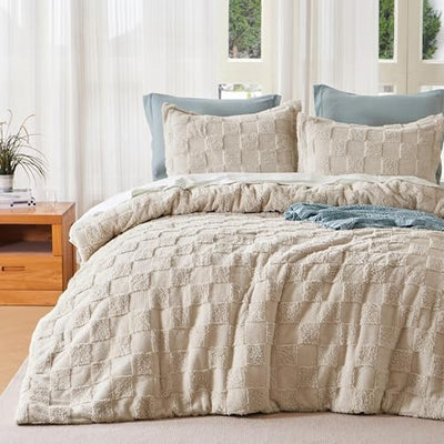 Joiedomi Tufted King Size Comforter Set, 3 Pieces Beige Boho King Bedding Set with 1 Plaid Geometric Comforter and 2 Pillow Shams, Checkered Bed in a Bag for All Seasons