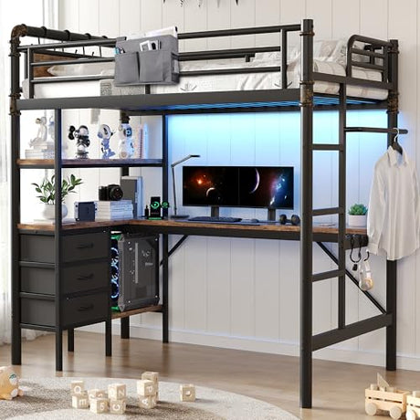Twin Size Loft Bed with L-Shaped Desk, LED Lights,Charging Station, Industrial Heavy Duty Metal Loft Bed Frame with 3 Storage Shelves and 3 Fabric Drawers, Safety Guard & Ladder, Vintage Brown Jocoevol