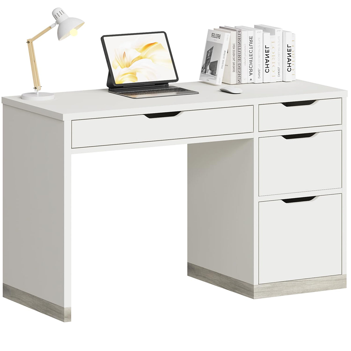 MaverickFurni White Desk with 4 Drawers, Small Desk with Storage, White Computer Desk with Filing Cabinet, Small Desks for Kids, Home Office Desk with Drawers, Bedroom, Small Space MaverickFurni
