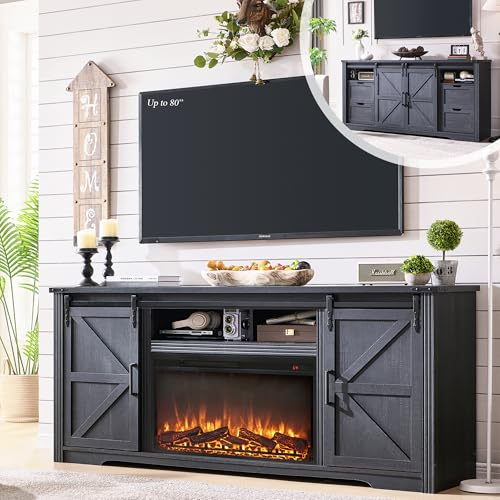 JXQTLINGMU Farmhouse Fireplace TV Stand for 80 Inch TV, 32" Tall Entertainment Center w/Drawer & Sliding Barn Door, 70 Inch Highboy Media Console for Living Room, Black JXQTLINGMU