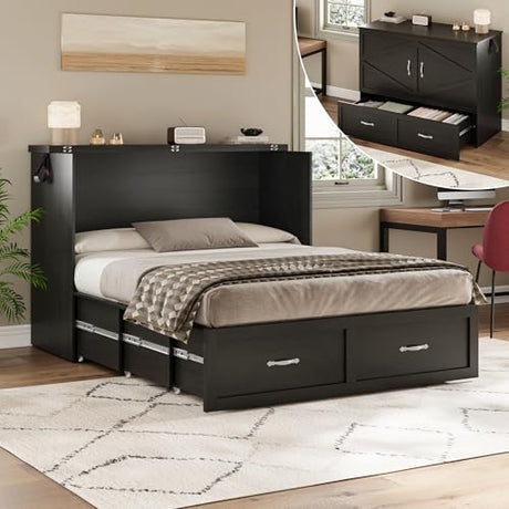 YANSNWO Full Size Murphy Bed with Storage, Farmhouse Murphy Bed Cabinet with Large Storage Drawer, Quiet Design, Foldable Platform Bed for Guest Bedroom, Home Office, Small Room, Distressed Black YANSNWO