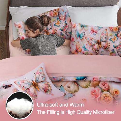 A Nice Night Full 6pcs Bed in A Bag Pink and Blue 3D Various Butterfly Printed, Butterflies Flying in Flower Design Bedding Full Comforter Set, for Girls Kids Teens A Nice Night