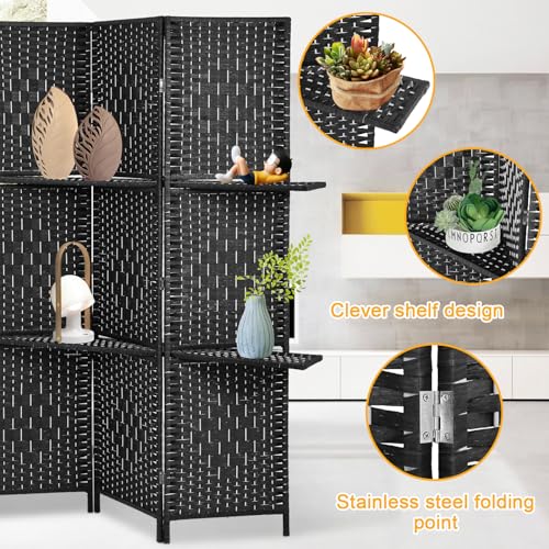 Room Divider Folding Portable Privacy Wooden Screen 4 Panel Partition Wall Indoor/Outdoor Folding Screen w/Dual-Sided Hinges & 2 Removable Display Shelves for Home Office, Black Dkeli