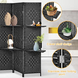 Room Divider Folding Portable Privacy Wooden Screen 4 Panel Partition Wall Indoor/Outdoor Folding Screen w/Dual-Sided Hinges & 2 Removable Display Shelves for Home Office, Black Dkeli