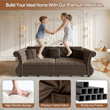 LuxyHoom 97.6'' Sleeper Sofa Bed King Size, Flower Tufted Pull Out Couch, Velvet Chesterfield Futon Couches, Modern 4 Seater Convertible Sofa, 3 Pillows for Living Room, Apartment, Offices, Brown LuxyHoom