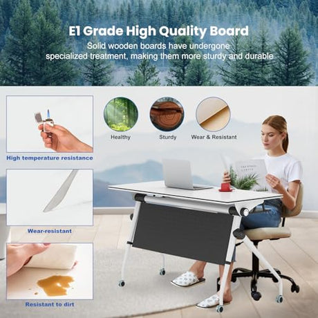 Conference Table,Mobile Conference Room Tables with 360° Wheels,55In Rectanglar Meeting Seminar Table 12 People,Flip Top Mobile Training Table Rolling Meeting Table,Modular Business Tables for Office Relgix