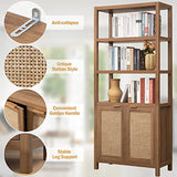 SICOTAS 5-Tier Rattan Boho Bookshelf with Doors - Tall Oak Bookcase for Stylish Storage SICOTAS