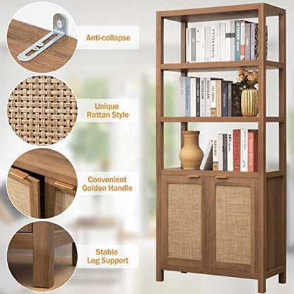 SICOTAS 5-Tier Rattan Boho Bookshelf with Doors - Tall Oak Bookcase for Stylish Storage - WoodArtSupply