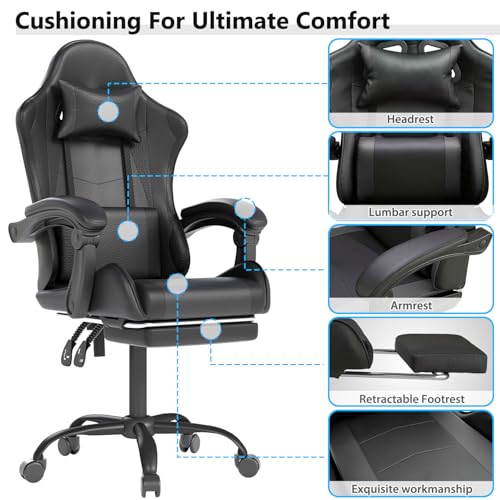 OS MOTOR Gaming Chair with Headrest and Lumbar Support, Ergonomic High Back Office Chair, Racing Style Executive Computer Desk Chair, Leather Adjustable Swivel Task Chair for Home Office (Black) OS MOTOR