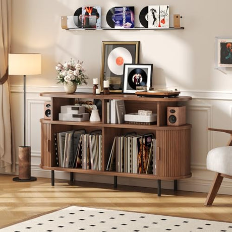 55" Large Round Record Player Stand with Charging Station, Vinyl Record Storage Cabinet, Mid Century Modern Turntable Stand with Open Shelves Holder for Bedroom Living Room, Sliding Doors (Walnut) ONBRILL