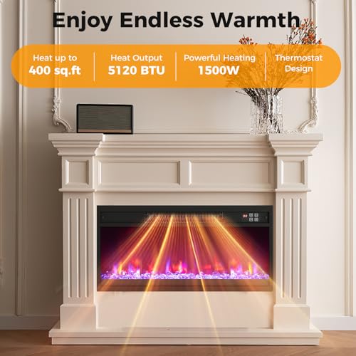 COSTWAY 26 Inch Recessed Fireplace Heater, Electric Fireplace Insert w/Multi-Color Flame & Crystal Ember Bed, Remote Control, 9H Timer, Built-in Thermostat & Overheat Protection, 1500W COSTWAY