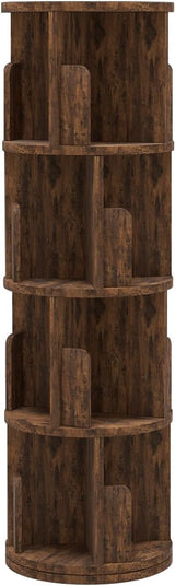 Breezestival 360° Rotating Bookcase, Small Corner Bookcase with a Footprint, Free Standing Bookshelf (4 Tier, Dark Brown) Breezestival