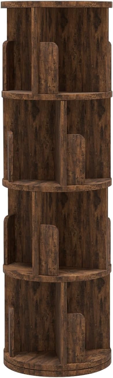 Breezestival 360° Rotating Bookcase, Small Corner Bookcase with a Footprint, Free Standing Bookshelf (4 Tier, Dark Brown) Breezestival