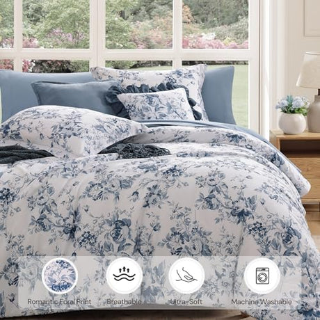 BLOOMHAVEN Queen Comforter Set -7 Pieces Floral Blue Comforter Set for All Seasons, Bed in a Bag Queen with Botanical Flowers Comforter, Sheets, Pillowcases & Shams BLOOMHAVEN