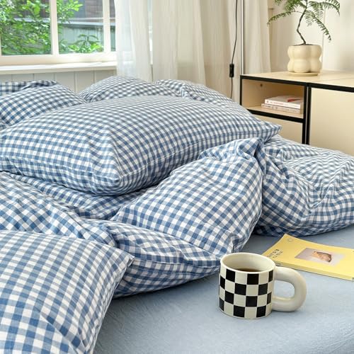 LifeTB Blue Gingham Comforter Set King 3 Pieces Modern Plaid Checkered Pattern Comforter Gingham Bedding Set Fluffy Soft Grid Plaid Bedding Comforter Farmhouse Checkered Comforter Set King Size LifeTB