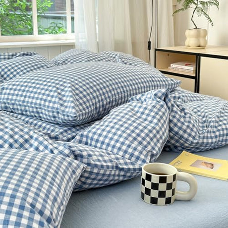 Blue Gingham Comforter Set Queen Modern Plaid Checkered Pattern Comforter 3 Pieces Blue Grid Comforter with 2 Pillowcases Soft Fluffy Gingham Bedding Set Farmhouse Plaid Comforter Set for All Seasons LifeTB