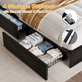 YUMPIE King Bed Frame with Bookcase Headboard and LED Lighting, Black Upholstered Platform Bed with Storage Drawers and Charging Station YUMPIE