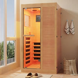 ROCSUMOO Infrared Sauna for 1 Person, Wooden Dry Sauna Room with backrest, 960W/120V Low EMF Indoor Saunas with Control Panel, 7-Color Therapy&Timer, Bluetooth Speakers for Home ROCSUMOO
