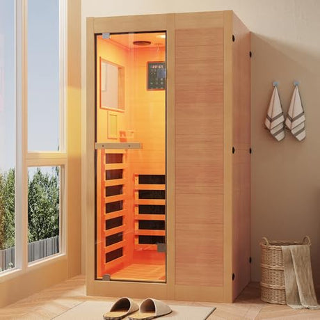 ROCSUMOO Infrared Sauna for 1 Person, Wooden Dry Sauna Room with backrest, 960W/120V Low EMF Indoor Saunas with Control Panel, 7-Color Therapy&Timer, Bluetooth Speakers for Home ROCSUMOO