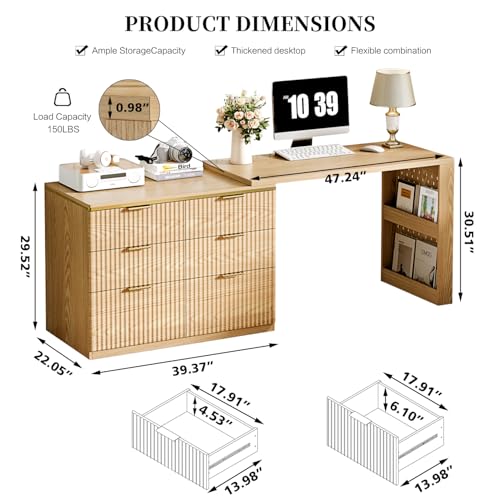 Ieejdn L Shaped Standing Desk,47" Home Office Desks, Executive, Farmhouse Computer Desk with 6 Drawers File Drawer, Rustic Computer Writing, Oak Ieejdn